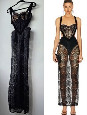 Bella Barnett Black Lace Cut Out Bustier Corset Maxi Dress